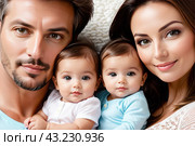 Mom and dad with two small children, close-up. Family portrait, the concept of family relations. The program of state support for families with children. Стоковое AI-изображение, AI-художник Анна Маркина / Фотобанк Лори