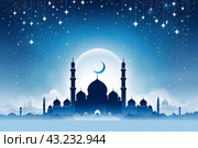 Eid AlFitr-themed illustration with a serene blue and white color palette. A mosque silhouette rises in the misty sky, embellished with shimmering stars. Стоковое AI-изображение, AI-художник Анна Маркина / Фотобанк Лори