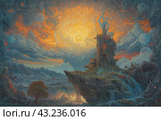 Fantastic landscape with elements of surrealism and fantasy. In the foreground is a gloomy castle or tower standing on a cliff from which waterfalls flow. The castle has a complex architecture with many small details and decorations. The sky above the landscape is covered with thick, bizarre clouds, through which the bright light of a huge sun or other luminous celestial sphere breaks through. Other celestial bodies, including planets and moons, are visible around, adding a cosmic dimension to the scene. Стоковое AI-изображение, AI-художник Анна Кривицкая / Фотобанк Лори
