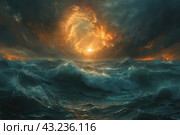 Dramatic seascape with stormy ocean and majestic sunset. The sky is covered with thunderclouds, which are pierced with bright fiery hues from the setting sun. The waves in the ocean are high and foamy, creating a feeling of the power and infinity of the sea. The central part of the image focuses on the bright light of the sun, which breaks through the clouds, creating a breathtaking spectacle. Стоковое AI-изображение, AI-художник Анна Кривицкая / Фотобанк Лори