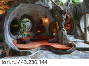 A unique, cave-like interior with organic shapes and natural materials. The walls and ceiling of the room have a natural, rocky appearance, with rounded openings leading to other parts of the house. In the center of the room there is a large orange sofa area with soft cushions, creating a cozy place to relax. Light enters through the round windows, giving the room a warm and soft glow. Living plants grow around the sofa, which enhances the feeling of being in a natural environment. Стоковое AI-изображение, AI-художник Анна Кривицкая / Фотобанк Лори
