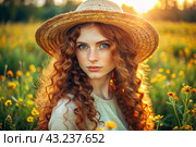 Spring flowering. Portrait of a beautiful curly-haired girl in a straw hat in a blooming field. The girl poses and looks at the camera. Стоковое AI-изображение, AI-художник Photojuli / Фотобанк Лори
