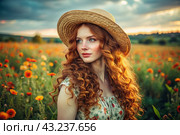 Spring flowering. Portrait of a beautiful curly-haired girl in a straw hat in a blooming field. The girl poses and looks at the camera. Стоковое AI-изображение, AI-художник Photojuli / Фотобанк Лори
