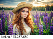 Spring flowering. Portrait of a beautiful curly-haired girl in a straw hat in a blooming field of lupines. The girl poses and looks at the camera. Стоковое AI-изображение, AI-художник Photojuli / Фотобанк Лори