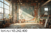 Spacious abandoned dilapidated room with big windows. Стоковое AI-изображение, AI-художник Сергей Толмачёв / Фотобанк Лори