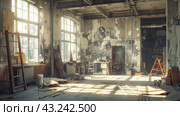Spacious abandoned dilapidated room with big windows. Стоковое AI-изображение, AI-художник Сергей Толмачёв / Фотобанк Лори