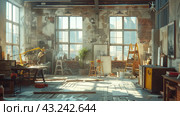 Spacious abandoned dilapidated room with big windows. Стоковое AI-изображение, AI-художник Сергей Толмачёв / Фотобанк Лори