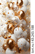 White and Gold Balloons Floating in the Air. Стоковое AI-изображение, AI-художник Юлия Гапеенко / Фотобанк Лори
