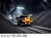 Coal mining. Large specialized transport transports coal from the mine. Стоковое AI-изображение, AI-художник Коханова Наталья / Фотобанк Лори