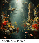 A fabulous underwater world reminiscent of a mysterious forest with ancient buildings built into the rocks. The water is crystal clear, with vibrant corals and plants ranging from bright red to soft yellow. Colorful fish swim around, and autumn leaves float in the air and under the water, creating a magical and surreal atmosphere. The tall towers and houses in the background seem to have grown straight out of the rocks, adding a sense of antiquity and mysticism to the scene. Стоковое AI-изображение, AI-художник Анна Кривицкая / Фотобанк Лори