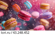Разноцветные макаруны, летящие в пространстве, на фоне боке. colorful macarons flying in space with a bokeh background. Стоковое AI-изображение, AI-художник Katsiaryna Repich / Фотобанк Лори