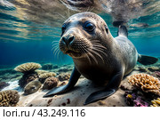 Galapagos fur seal (Arctocephalus galapagoensis) swimming at camera in tropical underwaters. Lion seal in under water world. Observation of wildlife ocean. Scuba diving adventure in Ecuador coast. Стоковое AI-изображение, AI-художник Aleksandr Golubev / Фотобанк Лори