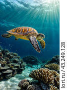 Green sea Turtle (Testudines) mammal swimming in tropical underwaters. Turtles in underwater wild animal world. Observation of wildlife ocean. Scuba diving adventure in Ecuador coast. Copy text space. Стоковое AI-изображение, AI-художник Aleksandr Golubev / Фотобанк Лори