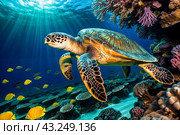 Green sea Turtle (Testudines) mammal swimming in tropical underwaters. Turtles in underwater wild animal world. Observation of wildlife ocean. Scuba diving adventure in Ecuador coast. Copy text space. Стоковое AI-изображение, AI-художник Aleksandr Golubev / Фотобанк Лори