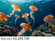 Jellyfish (Cubozoa) swimming in tropical underwaters bottom view. Medusa in underwater wild animal world. Observation of wildlife ocean. Scuba diving in Ecuador coast. Copy text space. Стоковое AI-изображение, AI-художник Aleksandr Golubev / Фотобанк Лори