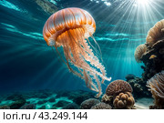 Jellyfish (Cubozoa) swimming in tropical underwaters bottom view. Medusa in underwater wild animal world. Observation of wildlife ocean. Scuba diving in Ecuador coast. Copy text space. Стоковое AI-изображение, AI-художник Aleksandr Golubev / Фотобанк Лори