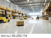 Modern storehouse. Huge distribution warehouse with high shelves, Forklift loaders. Warehouse, cardboard boxes on the racks, white floor. Storage of retail shop with yellow pallet truck, indoor view. Стоковое AI-изображение, AI-художник Марина Демидюк / Фотобанк Лори
