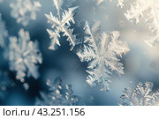 Winter frost patterns on glass. Ice crystals. Abstract light blank cold winter background or wallpaper. Frost patterns on frozen window. Frosted glass. Freezing effect. Frostwork. Harsh season. Cold. Стоковое AI-изображение, AI-художник Марина Демидюк / Фотобанк Лори