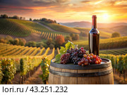 A bottle of red wine and a bunch of ripe grapes on a wooden oak barrel against the background of a vineyard. Стоковое AI-изображение, AI-художник Photojuli / Фотобанк Лори