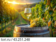 A glass of white wine and a bunch of ripe grapes on a wooden oak barrel against the background of a vineyard. Стоковое AI-изображение, AI-художник Photojuli / Фотобанк Лори