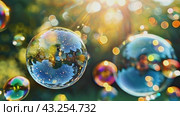 Soap bubbles, illuminated by the sun, drift through the air creating a mesmerizing sight. Стоковое AI-видео, аниматор Юрий Поздников / Фотобанк Лори