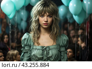Young girl with long blond hair and bangs. She is wearing an elegant light green cut-out dress. The girl stands against the backdrop of many balloons of the same color that surround her, creating a festive atmosphere. However, the girl’s facial expression is serious and thoughtful, which gives the picture a melancholic mood. Blurred figures of people are visible in the distance, creating the feeling of being at a party or event, but contrasting with the mood of the girl in the foreground. Стоковое AI-изображение, AI-художник Анна Кривицкая / Фотобанк Лори