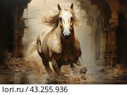 A powerful light red horse racing through ruined ancient ruins. The horse runs through the water, kicking up the spray, which gives the image dynamics and presence. Her flowing mane and determined expression create a sense of swiftness and strength. The background of the painting is made in warm brown tones, which emphasizes the contrast between the light horse and the dark ruins. The atmosphere of the stage is full of drama and energy, conveying a feeling of freedom and wild nature. Стоковое AI-изображение, AI-художник Анна Кривицкая / Фотобанк Лори