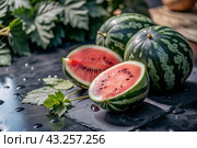 Close-up of fresh watermelon berries. Delicious berries and fruits of bright red color with drops of water. Vegetarianism. Healthy eating. Fresh fruits on the table. Стоковое AI-изображение, AI-художник Photojuli / Фотобанк Лори