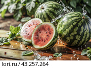 Close-up of fresh watermelon berries. Delicious berries and fruits of bright red color with drops of water. Vegetarianism. Healthy eating. Fresh fruits on the table. Стоковое AI-изображение, AI-художник Photojuli / Фотобанк Лори
