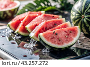 Close-up of fresh watermelon berries. Delicious berries and fruits of bright red color with drops of water. Vegetarianism. Healthy eating. Fresh fruits on the table. Стоковое AI-изображение, AI-художник Photojuli / Фотобанк Лори