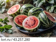 Close-up of fresh watermelon berries. Delicious berries and fruits of bright red color with drops of water. Vegetarianism. Healthy eating. Fresh fruits on the table. Стоковое AI-изображение, AI-художник Photojuli / Фотобанк Лори