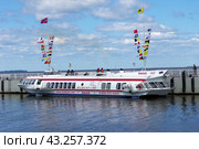 Теплоход "Метеор-143" у причала Петродворцовой гавани (2018 год). Редакционное фото, фотограф Алексей Иванов / Фотобанк Лори