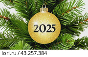 Christmas greeting card with Christmas tree ball and text 2025, garland lights on festive background. Slow motion footage. Стоковое AI-видео, аниматор Ирина Михайличенко / Фотобанк Лори
