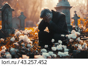 Пожилой мужчина у могилы, христианское кладбище, осень. Стоковое AI-изображение, AI-художник Щеголева Ольга / Фотобанк Лори