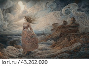 A woman in a luxurious dress standing against the backdrop of a fantastic and somewhat gloomy landscape. Her long hair flutters in the wind and her dress is decorated with intricate patterns. Behind her are old wooden buildings with Gothic elements, surrounded by whirlwinds and swirling clouds. The sky is covered with thick, stormy clouds, creating a dramatic and mysterious atmosphere. The picture evokes a feeling of mystery, mixed with elements of magic and fantasy, as if the viewer is plunging into a mystical world. Стоковое AI-изображение, AI-художник Анна Кривицкая / Фотобанк Лори