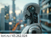Futuristic robot against the background of a modern city landscape. The robot is made in a high-tech style, its body shines with metal and polymer materials. The robot's head has a complex structure with many parts, sensors and cameras, which emphasizes its advanced technological capabilities. The blurry lights of a big city are visible in the background, creating an atmosphere of the future and progress. Стоковое AI-изображение, AI-художник Анна Кривицкая / Фотобанк Лори