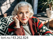 Minimalism. A studio portrait of a stylish, elegant elderly woman, a pensioner of 70 years old, in an interior and clothes of calm tones. The concept of the elderly. Стоковое AI-изображение, AI-художник Photojuli / Фотобанк Лори