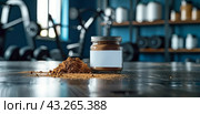 Brown Powder Spilled From Jar on Countertop in a Workshop. Стоковое AI-изображение, AI-художник Юлия Гапеенко / Фотобанк Лори