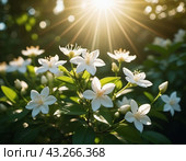 Jasmine Jasminum officinale in olive family of Oleaceae cultivated for tea fragrance. White flowers with yellow centers, blooming on a bush with green leaves. Sun shines brightly in background. AI. Стоковая иллюстрация, иллюстратор Юлия Петровская / Фотобанк Лори