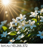 Jasmine Jasminum officinale in olive family of Oleaceae cultivated for tea fragrance. White flowers with yellow centers, blooming on a bush with green leaves. Sun shines brightly in background. AI. Стоковая иллюстрация, иллюстратор Юлия Петровская / Фотобанк Лори