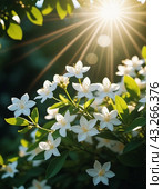 Jasmine Jasminum officinale in olive family of Oleaceae cultivated for tea fragrance. White flowers with yellow centers, blooming on a bush with green leaves. Sun shines brightly in background. AI. Стоковая иллюстрация, иллюстратор Юлия Петровская / Фотобанк Лори