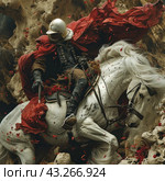 Knight in armor sitting on a white war horse. The knight is dressed in a black suit with metal armor elements and a helmet with a visor that partially hides his face. A bright red cape flutters behind him in the wind, adding drama and dynamism to the scene. The horse looks powerful and energetic, with a flowing white mane. The background of the image consists of a rocky landscape, enhancing the sense of severity and grandeur. Falling red leaves are visible around the knight and horse, adding an artistic touch and color accents. Стоковое AI-изображение, AI-художник Анна Кривицкая / Фотобанк Лори