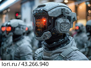 Soldiers in futuristic armor with high-tech helmets. The helmets are equipped with transparent visors that display digital information, giving the impression that these are soldiers of the future or android robots. The background is blurry, with unclear lighting effects, which allows you to focus on the details of the uniforms and helmets. The soldiers appear ready for battle, displaying power and technological superiority. Стоковое AI-изображение, AI-художник Анна Кривицкая / Фотобанк Лори