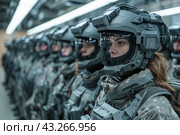 Female soldiers dressed in modern combat equipment and helmets with transparent visors. A group of soldiers stand in formation, one after the other, in a room that resembles a military base or training center. In the foreground is a female soldier with a serious expression on her face. Their equipment includes tactical vests, khaki uniforms and high-tech helmets with built-in communications and protection devices. Стоковое AI-изображение, AI-художник Анна Кривицкая / Фотобанк Лори