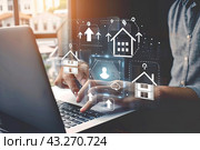 The manager evaluates the business data of the real estate market on a digital tablet with an overlay of a growth chart. Стоковое AI-изображение, AI-художник Ярославский Максим / Фотобанк Лори