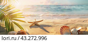The starfish lies on the sandy beach against the background of the surf of seashells and palm leaves. Generated by AI. Стоковое AI-изображение, AI-художник Ярославский Максим / Фотобанк Лори