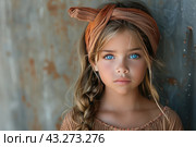 Close-up portrait of nice-looking attractive lovely winsome cheerful cheery little girl with long hair and headband on the head. Стоковое AI-изображение, AI-художник Ирина Михайличенко / Фотобанк Лори