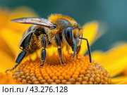 Honey Bee (Apis mellifera) pollinating apple blossoms. A bee collecting pollen and nectar from flower. Macro shot with selective focus. Стоковое AI-изображение, AI-художник Ирина Михайличенко / Фотобанк Лори
