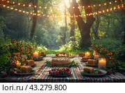 Table set for an evening picnic in the forest. The table is decorated with a bright checkered tablecloth and filled with a variety of dishes: pies, berries, desserts and candles. Lighting candles and vases of flowers are placed around the table, creating a cozy and romantic atmosphere. In the distance you can see the greenery of the forest, illuminated by the soft light of the setting sun, and garlands with lights hang above the table, adding magic to this moment. This photo is ideal for illustrating picnics, outdoor evening events, romantic dinners and nature. Стоковое AI-изображение, AI-художник Анна Кривицкая / Фотобанк Лори