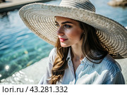 Summer vacation on the beach, Close-up of a beautiful woman in a straw hat. Summer time. Rest and vacation, a place to copy. Стоковое AI-изображение, AI-художник Photojuli / Фотобанк Лори